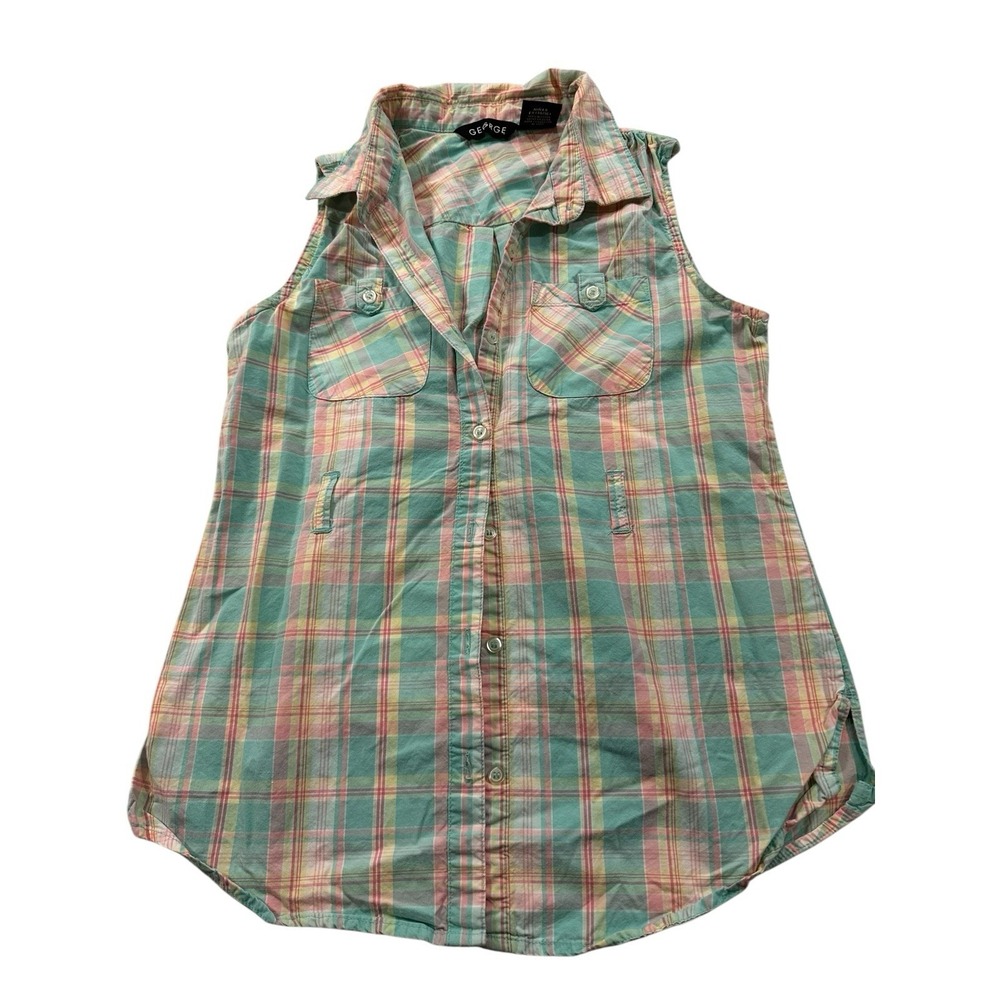 George Shirt Girls Size XL 14/16 Multi Color Plaid Sleeveless Pastel Colors EUC